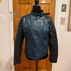 Vegan Leather Black & Teal Moto Jacket
